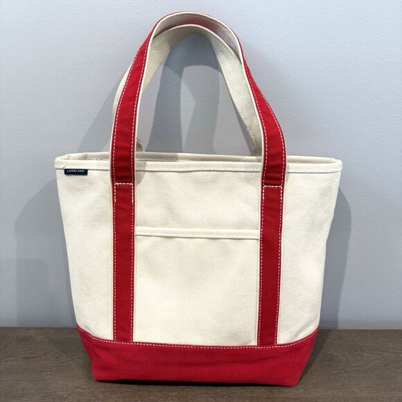 Lands' End Handbags - Lands End Open Top Canvas Tote Bag M Shoulder Red Natural Cotton Preppy Sturdy